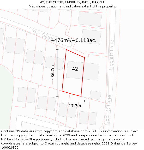 42, THE GLEBE, TIMSBURY, BATH, BA2 0LT: Plot and title map