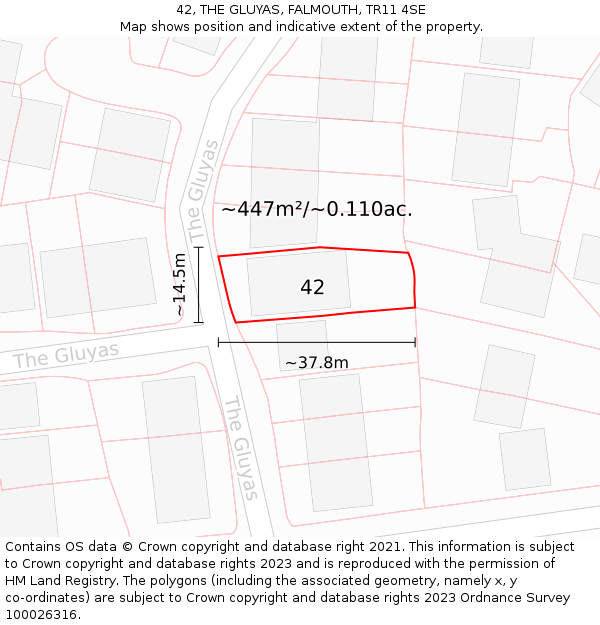 42, THE GLUYAS, FALMOUTH, TR11 4SE: Plot and title map
