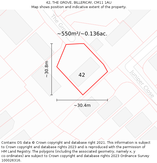 42, THE GROVE, BILLERICAY, CM11 1AU: Plot and title map