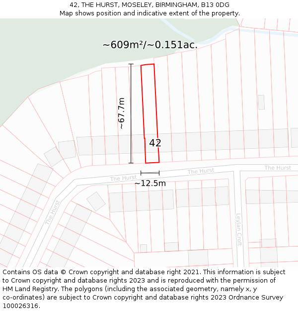 42, THE HURST, MOSELEY, BIRMINGHAM, B13 0DG: Plot and title map