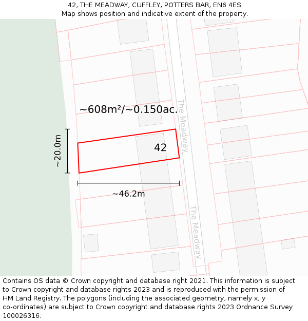 42, THE MEADWAY, CUFFLEY, POTTERS BAR, EN6 4ES: Plot and title map