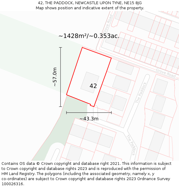 42, THE PADDOCK, NEWCASTLE UPON TYNE, NE15 8JG: Plot and title map
