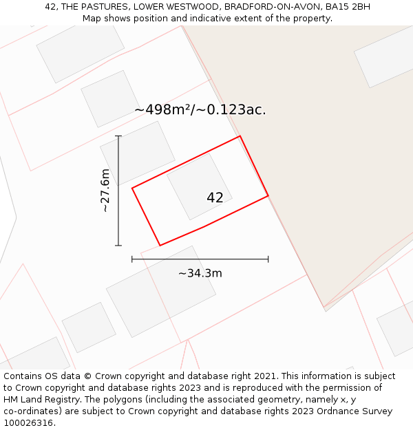 42, THE PASTURES, LOWER WESTWOOD, BRADFORD-ON-AVON, BA15 2BH: Plot and title map