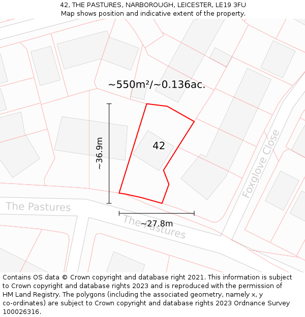 42, THE PASTURES, NARBOROUGH, LEICESTER, LE19 3FU: Plot and title map