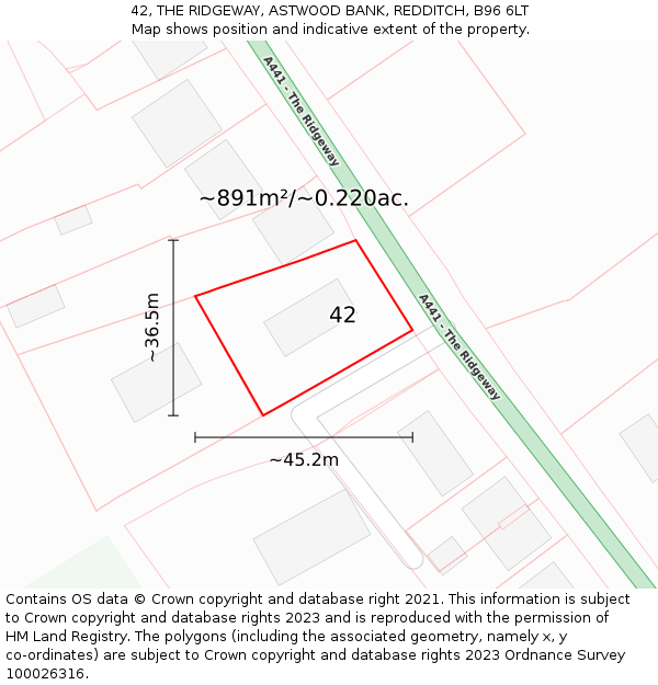 42, THE RIDGEWAY, ASTWOOD BANK, REDDITCH, B96 6LT: Plot and title map