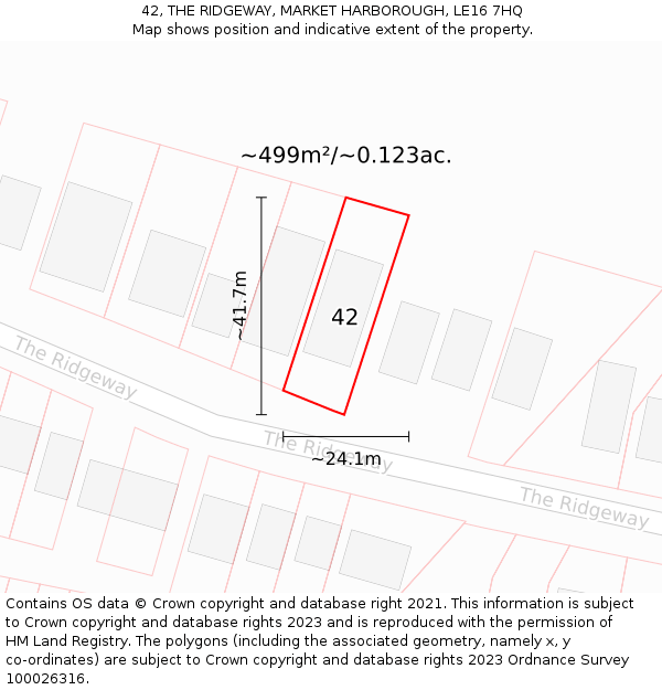 42, THE RIDGEWAY, MARKET HARBOROUGH, LE16 7HQ: Plot and title map