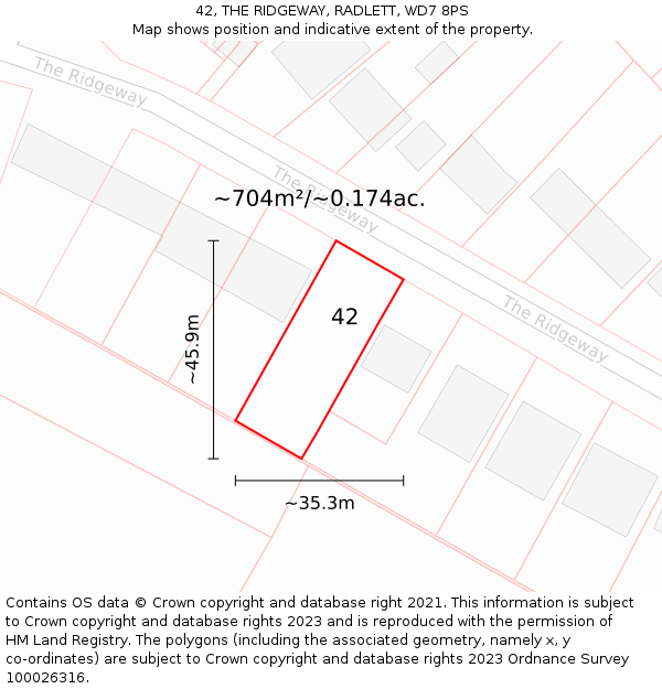 42, THE RIDGEWAY, RADLETT, WD7 8PS: Plot and title map