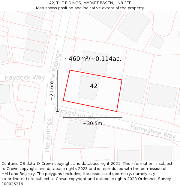 42, THE RIDINGS, MARKET RASEN, LN8 3EE: Plot and title map