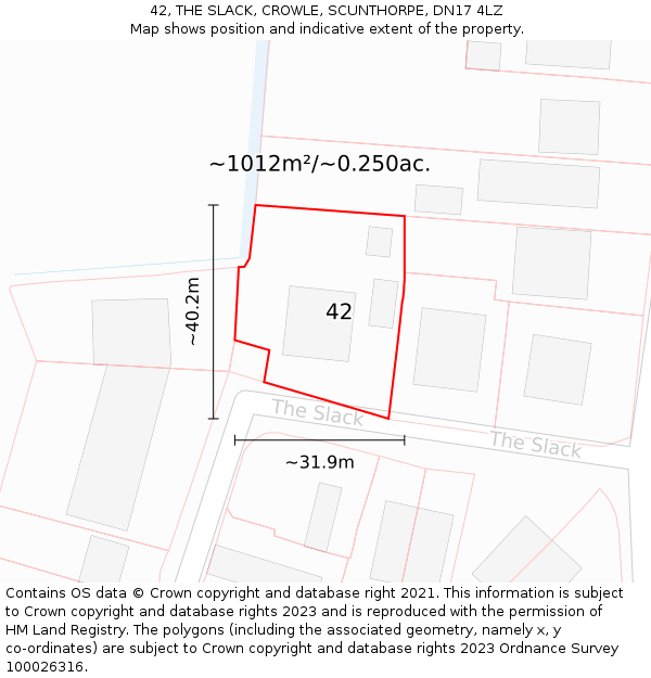 42, THE SLACK, CROWLE, SCUNTHORPE, DN17 4LZ: Plot and title map
