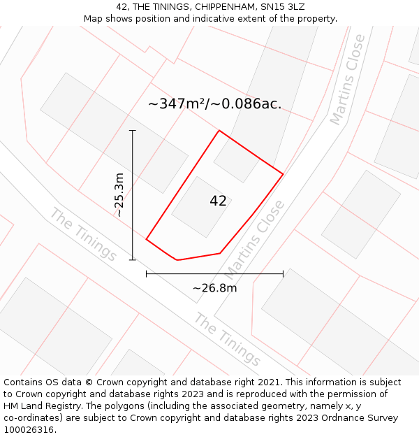 42, THE TININGS, CHIPPENHAM, SN15 3LZ: Plot and title map