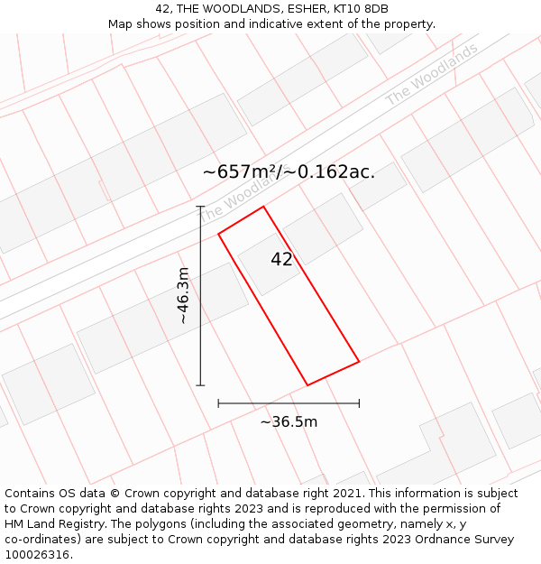 42, THE WOODLANDS, ESHER, KT10 8DB: Plot and title map
