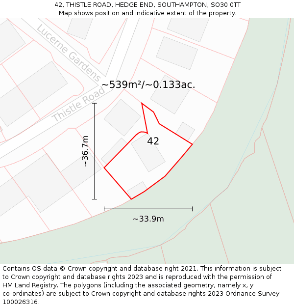 42, THISTLE ROAD, HEDGE END, SOUTHAMPTON, SO30 0TT: Plot and title map