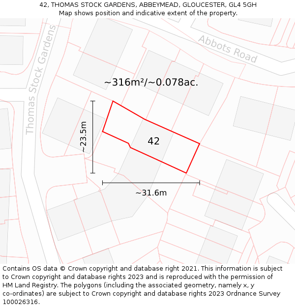 42, THOMAS STOCK GARDENS, ABBEYMEAD, GLOUCESTER, GL4 5GH: Plot and title map