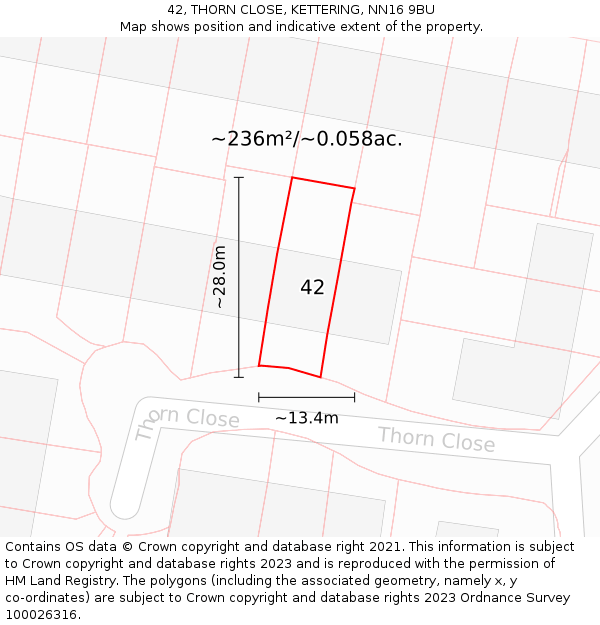 42, THORN CLOSE, KETTERING, NN16 9BU: Plot and title map