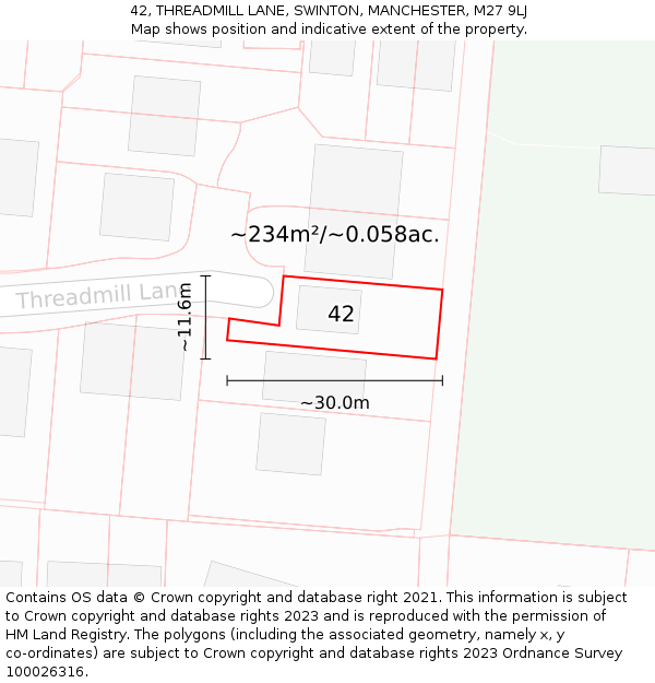 42, THREADMILL LANE, SWINTON, MANCHESTER, M27 9LJ: Plot and title map
