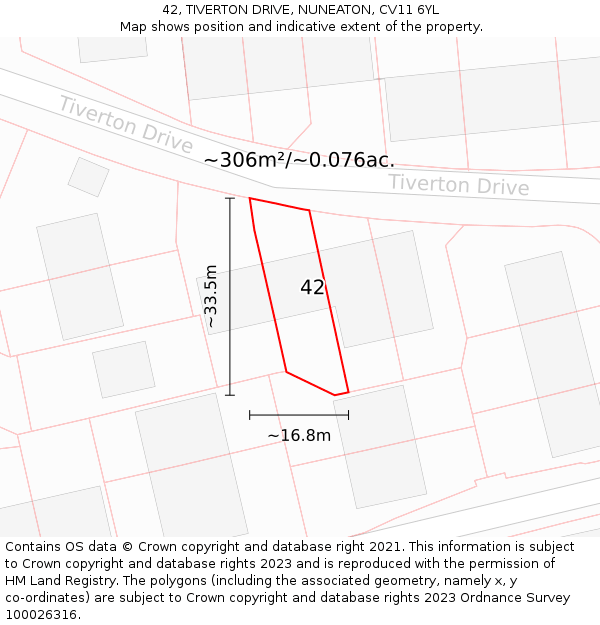 42, TIVERTON DRIVE, NUNEATON, CV11 6YL: Plot and title map