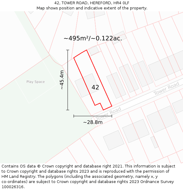 42, TOWER ROAD, HEREFORD, HR4 0LF: Plot and title map