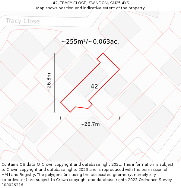 42, TRACY CLOSE, SWINDON, SN25 4YS: Plot and title map