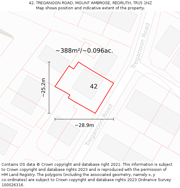 42, TREGANOON ROAD, MOUNT AMBROSE, REDRUTH, TR15 1NZ: Plot and title map