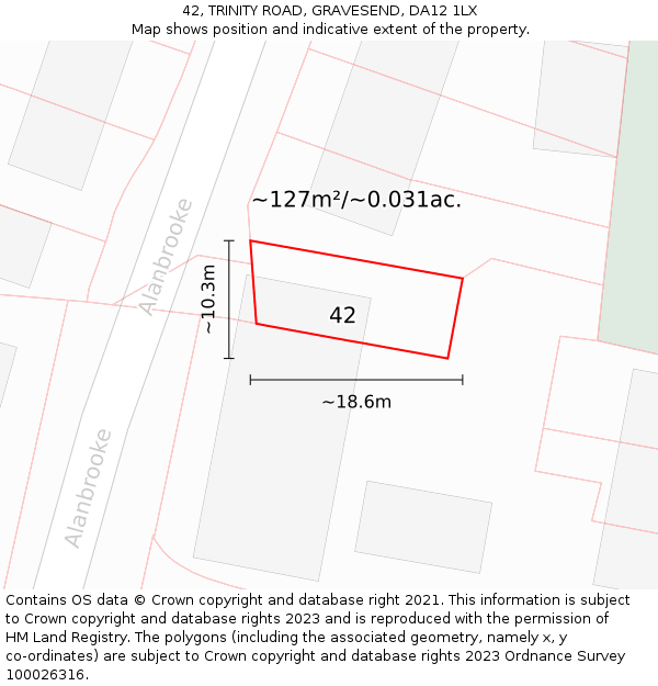 42, TRINITY ROAD, GRAVESEND, DA12 1LX: Plot and title map