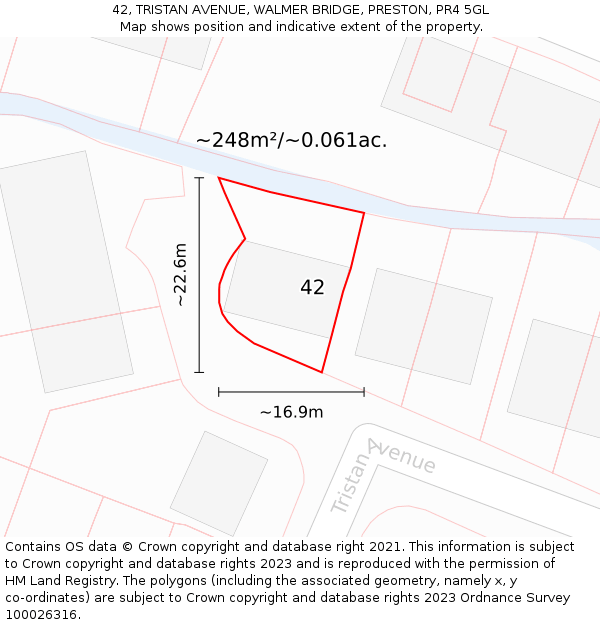 42, TRISTAN AVENUE, WALMER BRIDGE, PRESTON, PR4 5GL: Plot and title map
