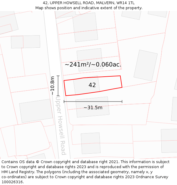 42, UPPER HOWSELL ROAD, MALVERN, WR14 1TL: Plot and title map