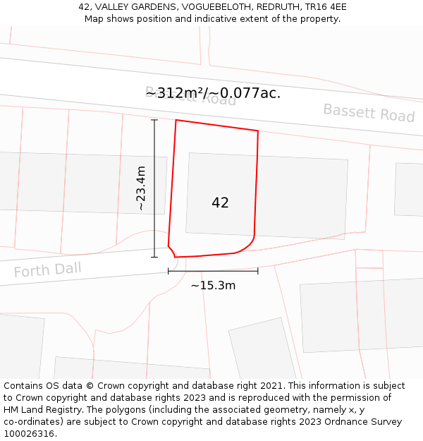 42, VALLEY GARDENS, VOGUEBELOTH, REDRUTH, TR16 4EE: Plot and title map