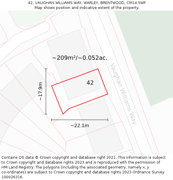 42, VAUGHAN WILLIAMS WAY, WARLEY, BRENTWOOD, CM14 5WP: Plot and title map