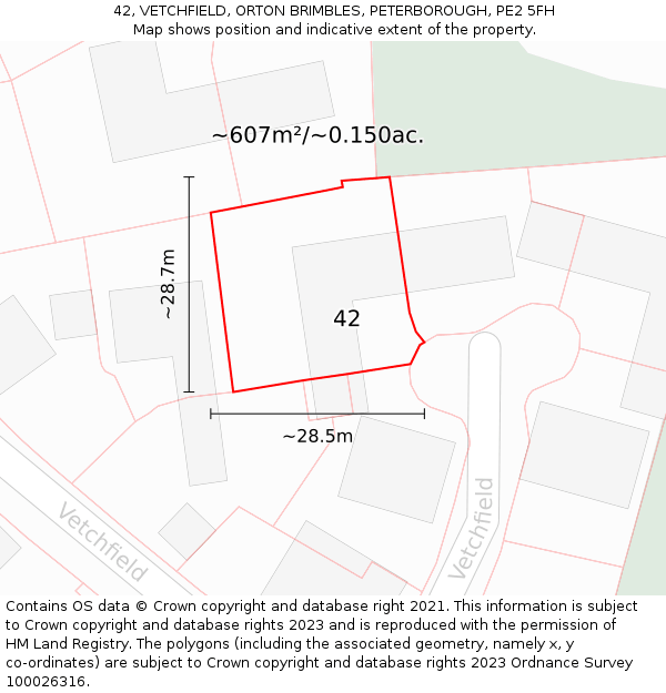 42, VETCHFIELD, ORTON BRIMBLES, PETERBOROUGH, PE2 5FH: Plot and title map