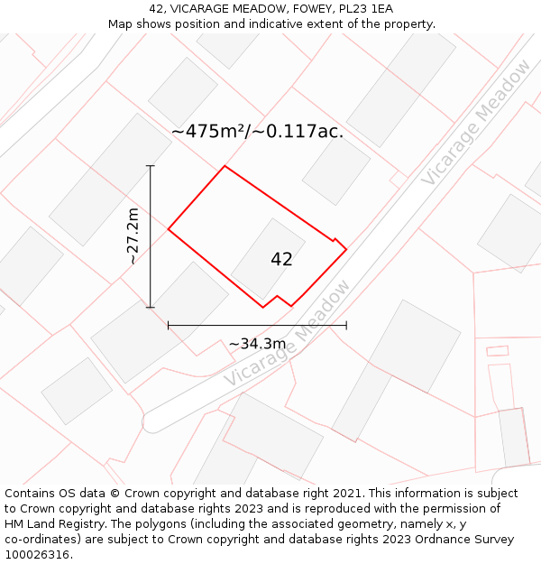 42, VICARAGE MEADOW, FOWEY, PL23 1EA: Plot and title map