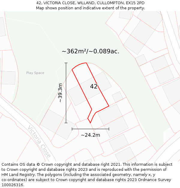 42, VICTORIA CLOSE, WILLAND, CULLOMPTON, EX15 2PD: Plot and title map