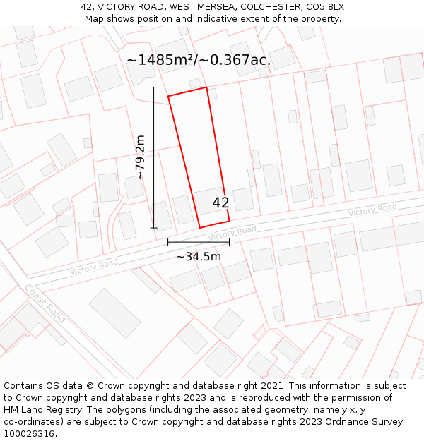 42, VICTORY ROAD, WEST MERSEA, COLCHESTER, CO5 8LX: Plot and title map