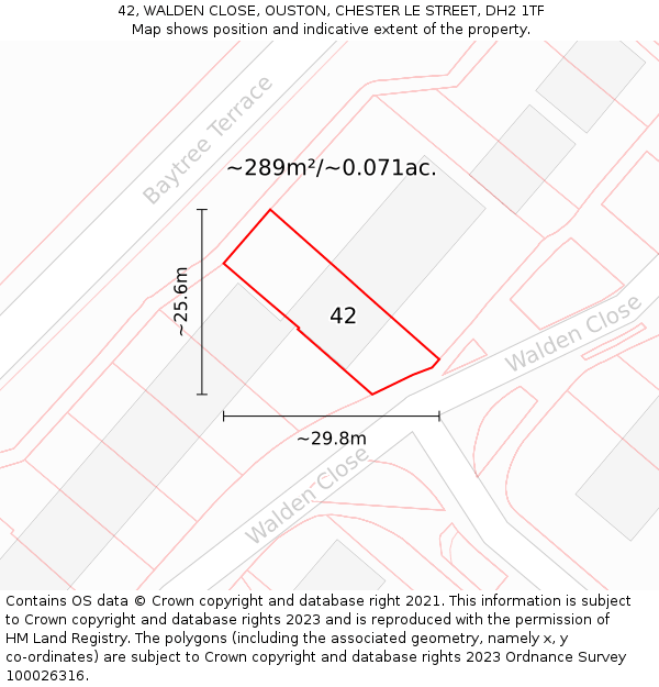 42, WALDEN CLOSE, OUSTON, CHESTER LE STREET, DH2 1TF: Plot and title map