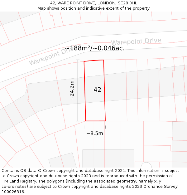 42, WARE POINT DRIVE, LONDON, SE28 0HL: Plot and title map