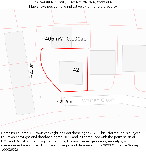 42, WARREN CLOSE, LEAMINGTON SPA, CV32 6LA: Plot and title map