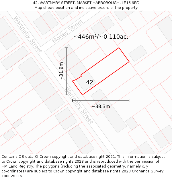 42, WARTNABY STREET, MARKET HARBOROUGH, LE16 9BD: Plot and title map