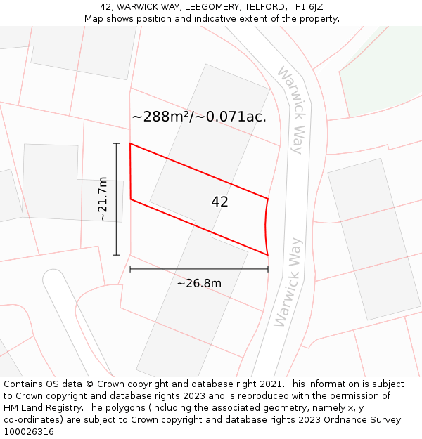 42, WARWICK WAY, LEEGOMERY, TELFORD, TF1 6JZ: Plot and title map