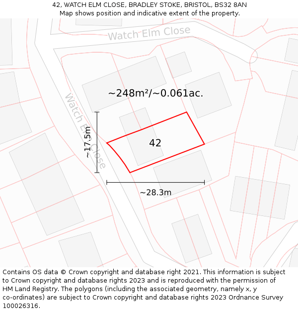42, WATCH ELM CLOSE, BRADLEY STOKE, BRISTOL, BS32 8AN: Plot and title map