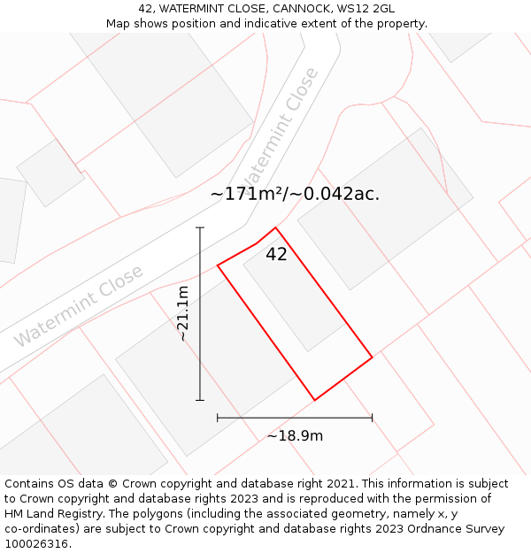 42, WATERMINT CLOSE, CANNOCK, WS12 2GL: Plot and title map