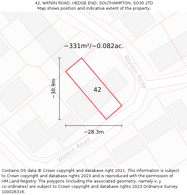 42, WATKIN ROAD, HEDGE END, SOUTHAMPTON, SO30 2TD: Plot and title map