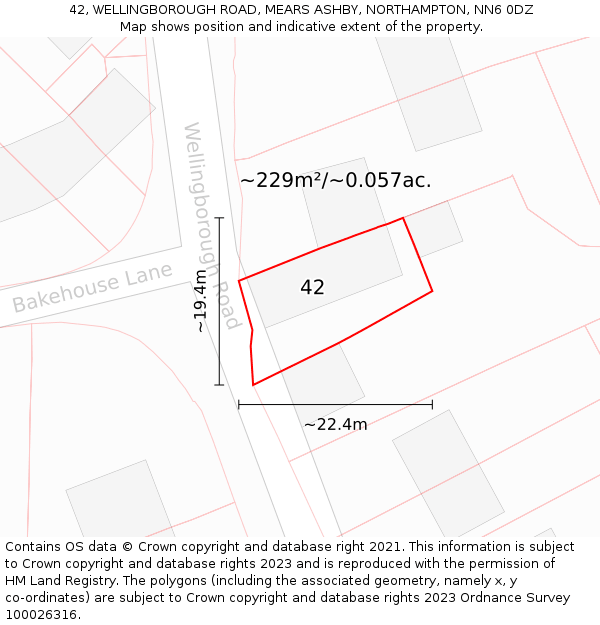 42, WELLINGBOROUGH ROAD, MEARS ASHBY, NORTHAMPTON, NN6 0DZ: Plot and title map
