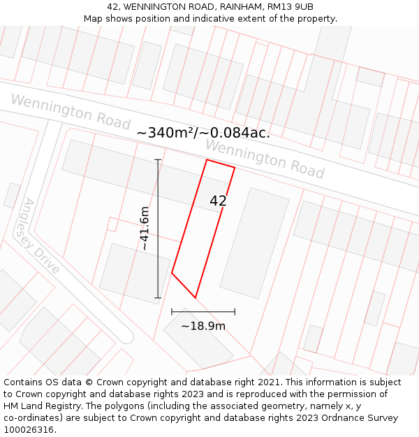 42, WENNINGTON ROAD, RAINHAM, RM13 9UB: Plot and title map