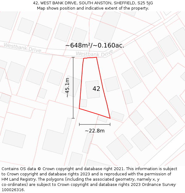 42, WEST BANK DRIVE, SOUTH ANSTON, SHEFFIELD, S25 5JG: Plot and title map