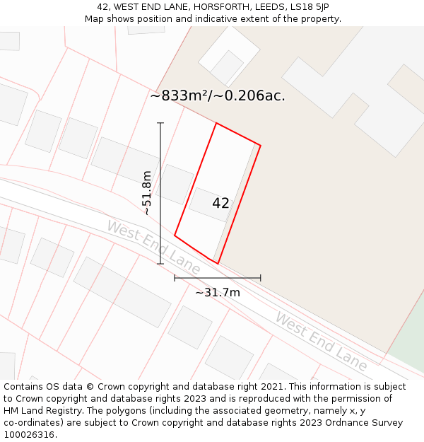 42, WEST END LANE, HORSFORTH, LEEDS, LS18 5JP: Plot and title map