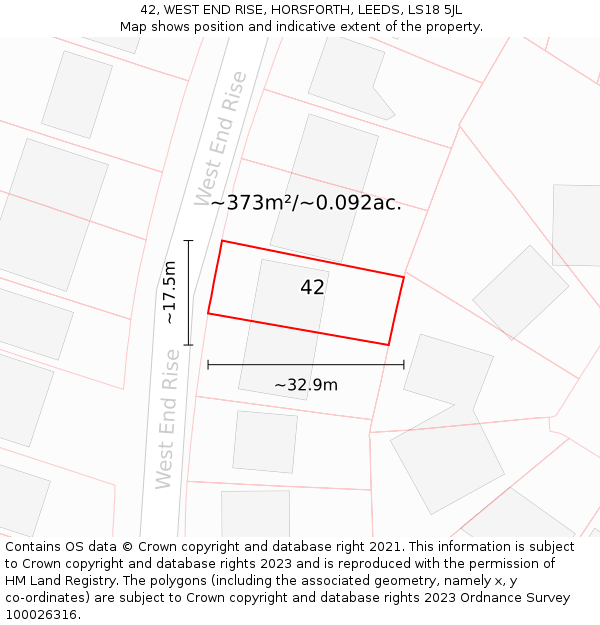 42, WEST END RISE, HORSFORTH, LEEDS, LS18 5JL: Plot and title map