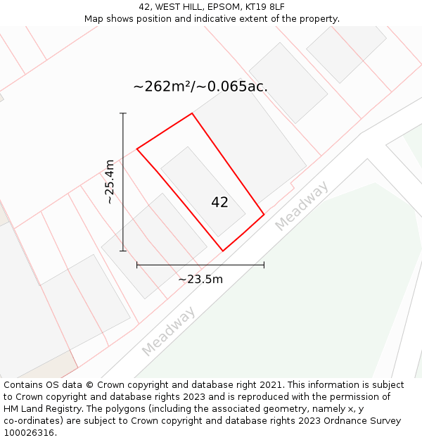 42, WEST HILL, EPSOM, KT19 8LF: Plot and title map