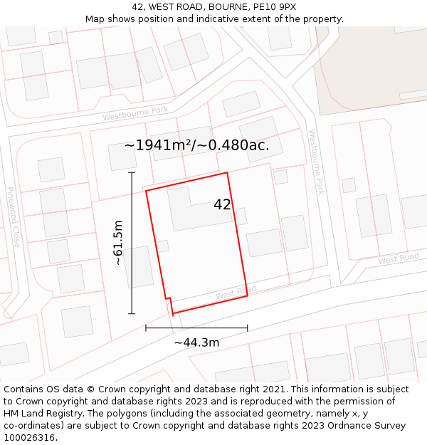 42, WEST ROAD, BOURNE, PE10 9PX: Plot and title map