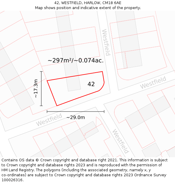 42, WESTFIELD, HARLOW, CM18 6AE: Plot and title map