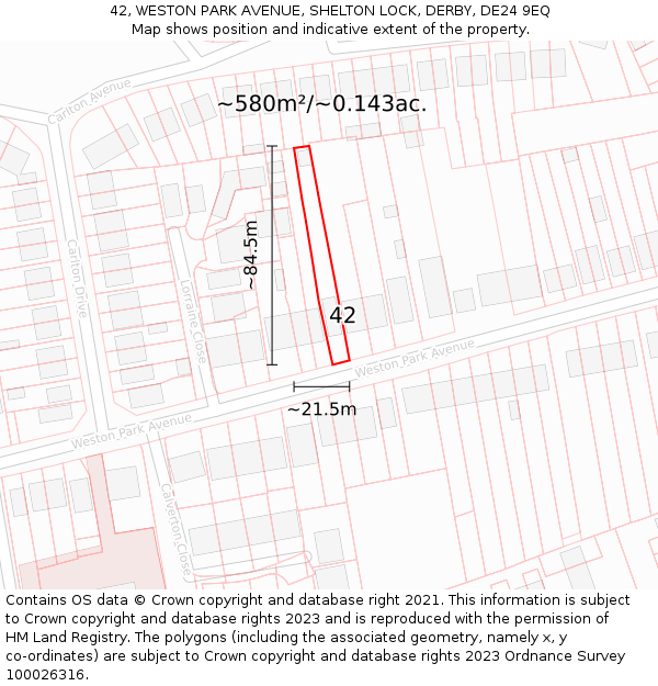 42, WESTON PARK AVENUE, SHELTON LOCK, DERBY, DE24 9EQ: Plot and title map