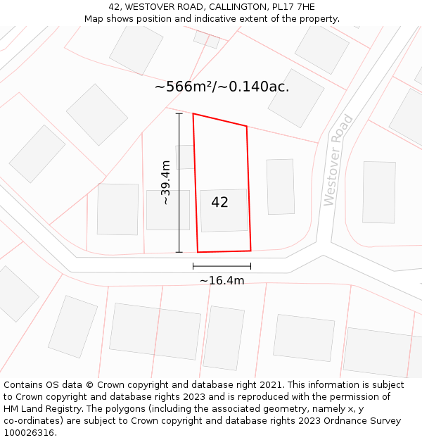42, WESTOVER ROAD, CALLINGTON, PL17 7HE: Plot and title map